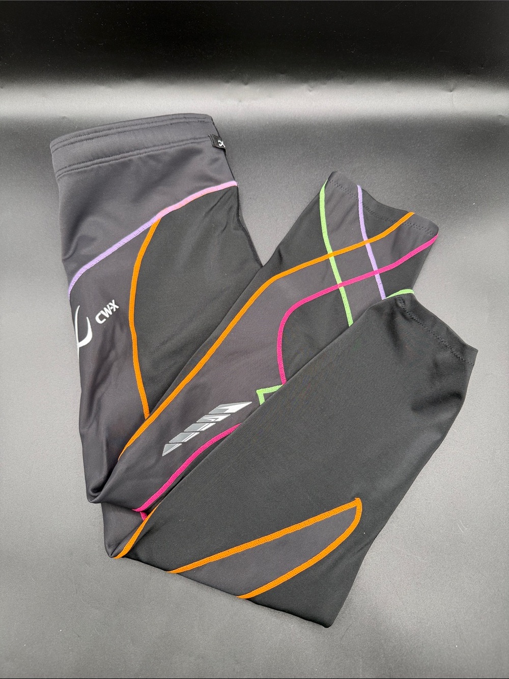 CW-X Black Leggings with Neon Orange, Pink, Purple & Green Piping Sz M